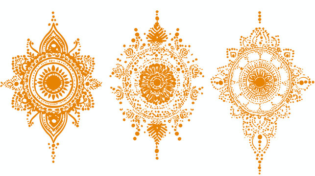 Three intricate orange-toned circular designs with symmetrical patterns on a white background