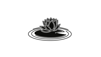 Black and white graphic of a lotus flower on a lily pad with ripples © sea