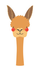 Fototapeta premium Cute little vicuna face illustration isolated. Kawaii cartoon character. Wild animal, baby animal, wildlife, nature, fauna. Kids print, design element, clip art. Hand drawn flat vector