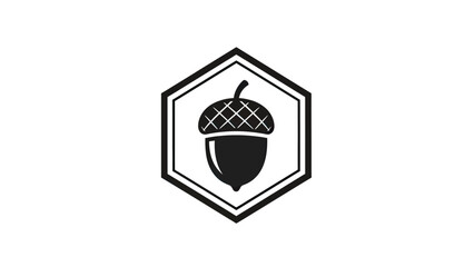 A black and white graphic of an acorn inside a hexagonal frame © sea