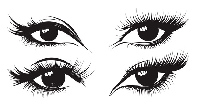 A stylized illustration with four pairs of eyes with detailed eyelashes and irises on white