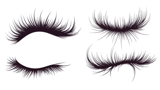 Black eyeliner and lash illustrations. Four sets of stylized closed eyes with dark lashes on white