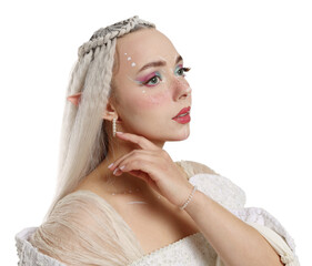 Naklejka premium Beautiful girl dressed as elf on white background