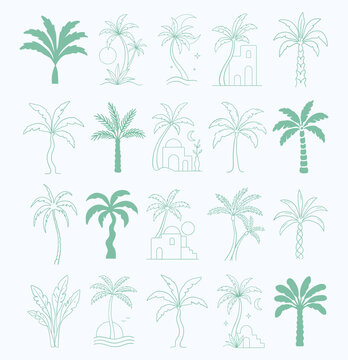 palm tree icon set, hand drawn tropical doodle line art elements and minimal silhouettes collection, simple palm trees for logo design, tattoo, branding travel, beach, summer, vacation, t shirt vector