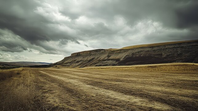 Barren eroded landscape under dramatic overcast sky with dry rural farmland in background