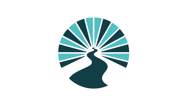 A stylized river flows into an arched, sunburst-like design of teal and dark blue rays