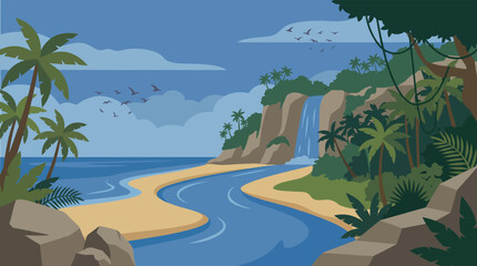 Tropical island landscape with a waterfall cascading into the ocean lush greenery waterfall tropical landscape rainforest mountains vegetation greenery paradise untouched tranquil seascape © MSTSUMAIYA