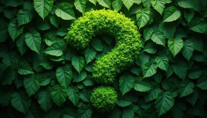 Naklejka premium Green question mark formed by leaves on green field backdrop. Symbolizes ecology questions and answers, sustainability queries, and nature conservation queries.