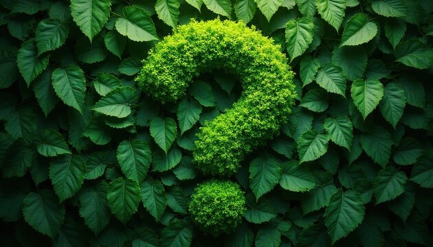Green question mark formed by leaves on green field backdrop. Symbolizes ecology questions and answers, sustainability queries, and nature conservation queries.