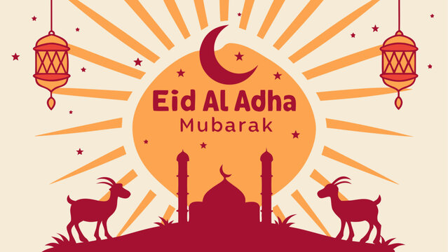 Eid al adha mubarak greeting card with mosque silhouette, lanterns, and goats on sun background