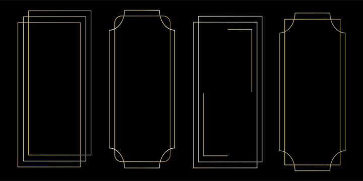 Golden thin frame set. Gold geometric borders in art deco style. Thin linear radiance rectangular shape collection. Yellow glowing shiny boarder element pack. Vector bundle for photo, cadre, poster