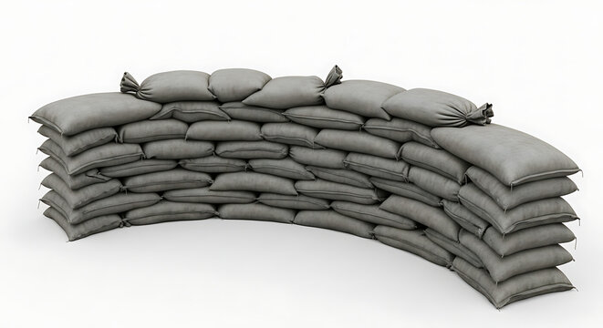 Isolated curved sandbag wall, a robust protective structure for defense, rendered digitally