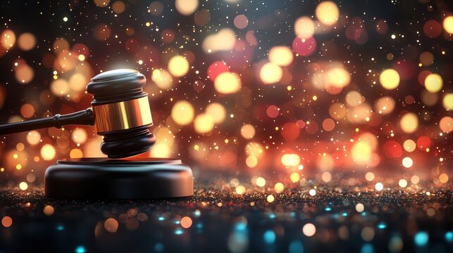 Justice gavel with legal symbols and bokeh lights, representing fair judgment and courtroom proceedings