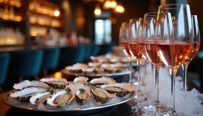 Naklejka premium Fresh oysters served on ice with glasses of rose wine at a bar. Appetizers ready for guests enjoying a night out at a restaurant. Seafood delight for celebration.