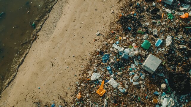 Ocean plastic pollution pollutes a vibrant beach with scattered trash and debris under a clear sky
