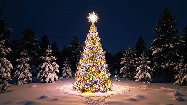 A festive green fir Christmas tree glows with bright lights and a golden star under the winter night sky in this elegant holiday season illustration for a New Year greeting card