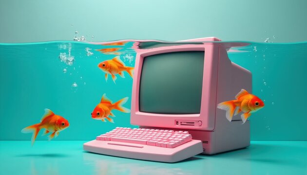 Pink computer monitor and keyboard submerged underwater with goldfish swimming around. The scene is playful and whimsical with bubbles and bright colors, suggesting creativity and imagination.