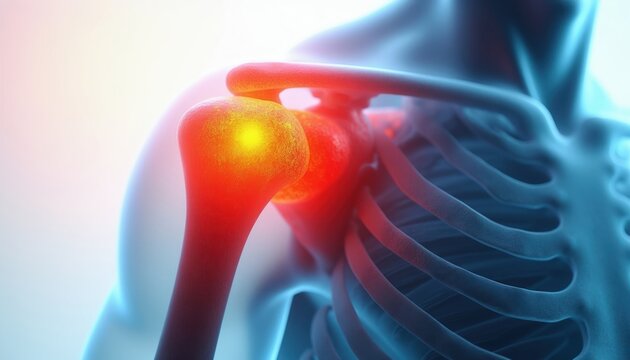 Human shoulder joint with inflamed rotator cuff muscles and bones. Focus on pain and potential injury for medical or physical therapy topics.