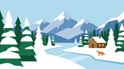 Winter landscape with a fox near a cabin by a snowy river blue sky winter forest cold weather fox hunting fox running arctic fox mountains evergreen landscape wildlife outdoors secluded © MSTSUMAIYA