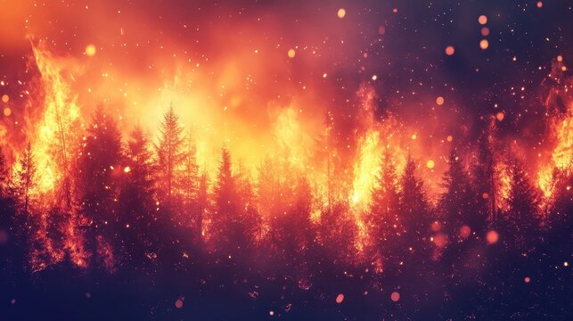Intense wildfire engulfing a dense forest with brilliant flames and glowing embers against a dark, smoky sky