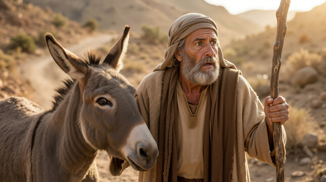 Balaam and his donkey in a desert landscape. Biblical scene of a man with a staff and animal looking in surprise