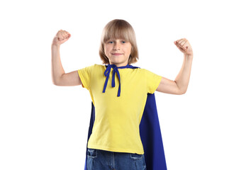 Fototapeta premium Little boy in superhero costume showing his muscles on white background