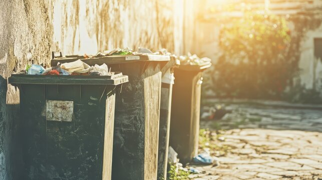 Overfilled trash containers overflowing with refuse on a sunlit city street, showcasing the urban environment.