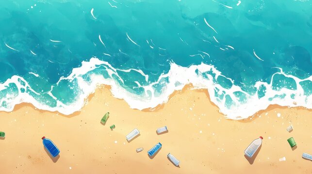 Plastic Pollution Fouling the Shoreline of a Vibrant City Beach with Floating Bottles Amidst Gentle Waves