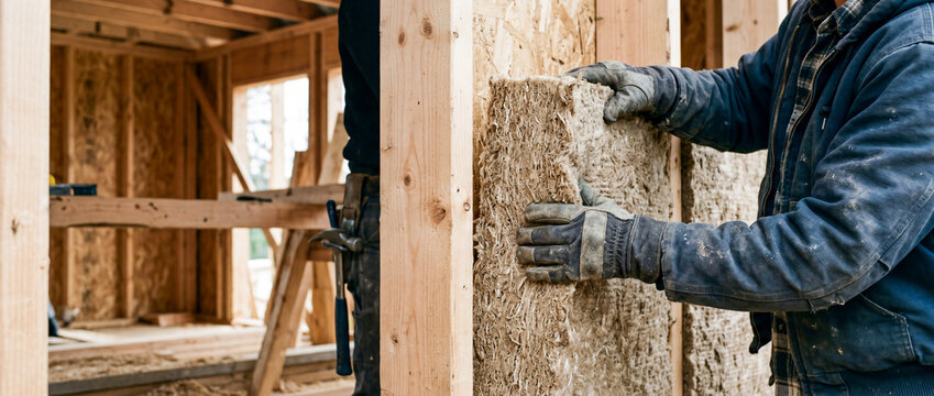 Close-up of a construction worker wearing gloves installing thermal insulation batts between wooden studs in a new home build.