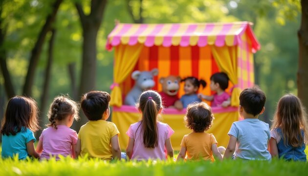 Children watch puppet show in park. Young audience enjoys performance on grassy field with trees. Colorful stage with teddy bears visible. Diverse group sits together.