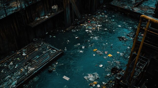 Polluted docks with floating trash and debris in dark, murky water, a stark environmental scene.