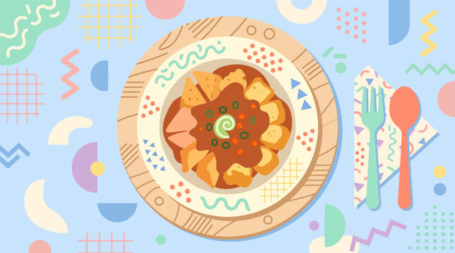 Indonesian Batagor Illustration with Fried Fish Dumplings, Tofu, and Peanut Sauce in Modern Memphis Style