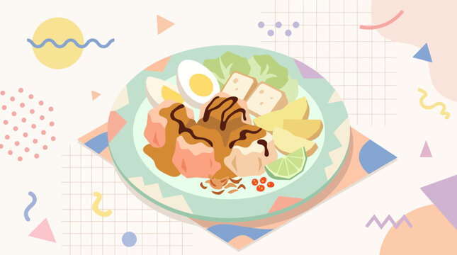 Indonesian Siomay Bandung Illustration with Fish Dumplings, Peanut Sauce, and Mixed Vegetables in Modern Memphis Style