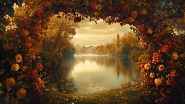 Serene Autumn Lake Reflection Framed by Vibrant Trees Under Golden Light