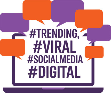 trending hashtags on laptop screen social media marketing flat design vector illustration