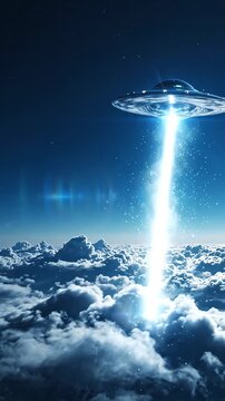 Cinematic UFO spaceship hovering above clouds with bright beam light. Professional vertical footage for sci-fi and mystery content.
