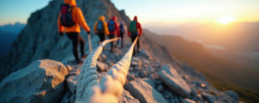Group of hikers climbs steep mountain ridge using safety rope. Friends ascend rocky terrain at sunrise, enjoying adventure, teamwork during outdoor expedition. Sunrise illuminates vast landscape,