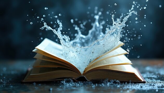 Open book with water splash effect on pages. Liquid bursts from literature, symbolizing wet knowledge and fluid ideas. Abstract creative concept for wet book.
