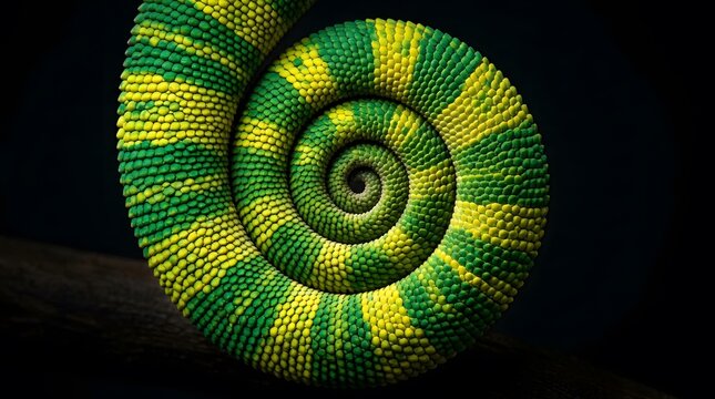 A chameleon tail curls into a spiral shape. The tail features bright green and yellow colors. It rests on a branch against a dark background, showcasing its unique texture and pattern