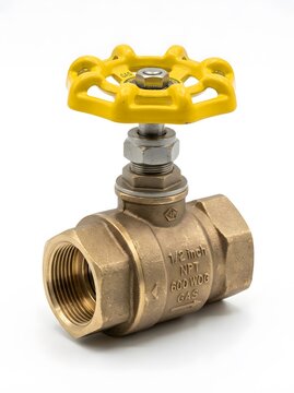A brass valve with a yellow handle is shown, designed for gas flow control in plumbing systems. This device is often used in industrial locations for safety
