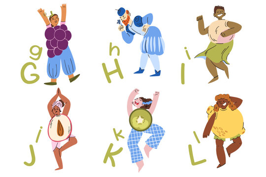 Alphabet poster from G to L various people in fruit and berry costumes, educational materials for people, costume party
