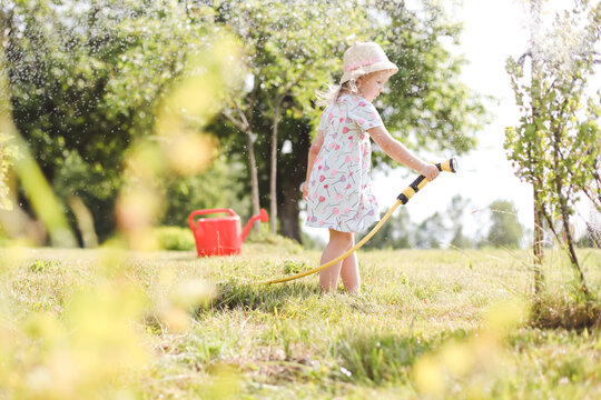 A little cute baby girl 3-4 years old in a dress watering the plants from a watering can in the garden. Kids having fun gardening on a bright sunny day. Outdoor activity children