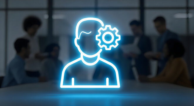 Glowing human icon with gear symbol representing management, settings, or hr in a blurred office meeting background