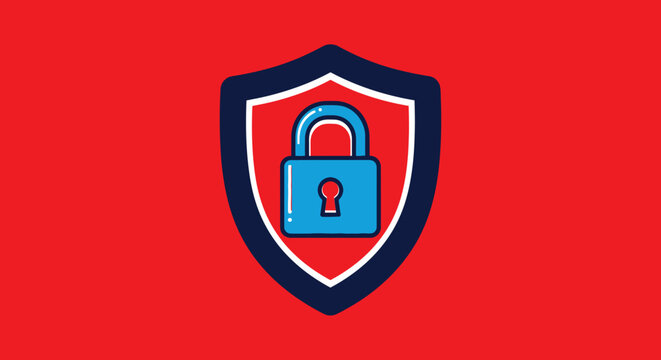 Cybersecurity shield icon with padlock, red security shield vector, data protection logo