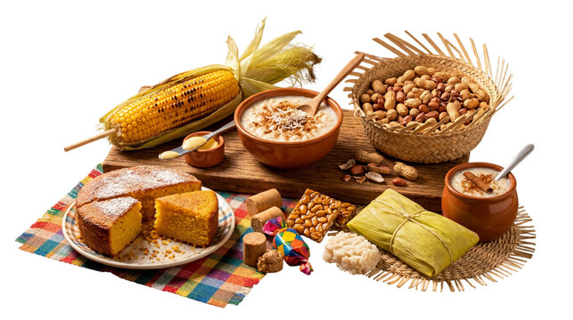 Traditional brazilian festa junina foods grilled corn, corn cake, pamonha, canjica, peanuts, paoca, p de moleque isolated on transparent background