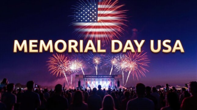 Memorial Day celebration with fireworks over American flag in night sky. Crowd watching patriotic event honoring fallen hero. Commemoration of military veteran in usa, national holiday.
