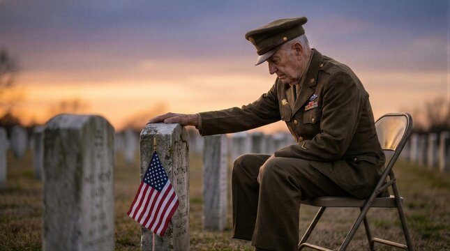 Elderly veteran man in military uniform sitting on chair in cemetery at sunset. Man touching gravestone with American flag. Memorial Day, remembrance, respect for fallen soldier.