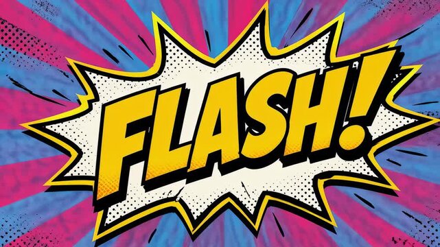 The bold yellow comic book text FLASH pulses rhythmically against a vibrant rotating background, creating an energetic and eye catching visual experience for graphic design and media projects.