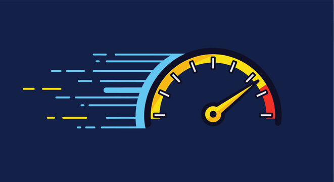 Fast speedometer icon with motion lines, car speed gauge vector, performance dashboard dial