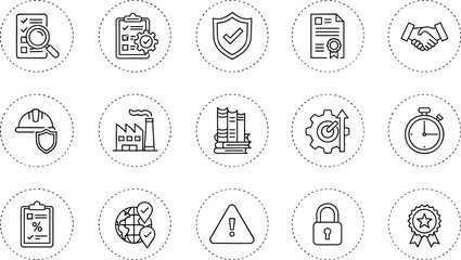 Fototapeta premium Industrial quality control and safety management icon set featuring manufacturing standards compliance certification professional protection strategic planning and factory audit.